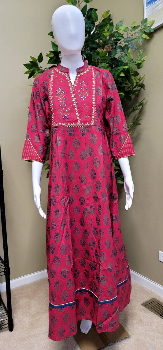 Red cotton long frock - front