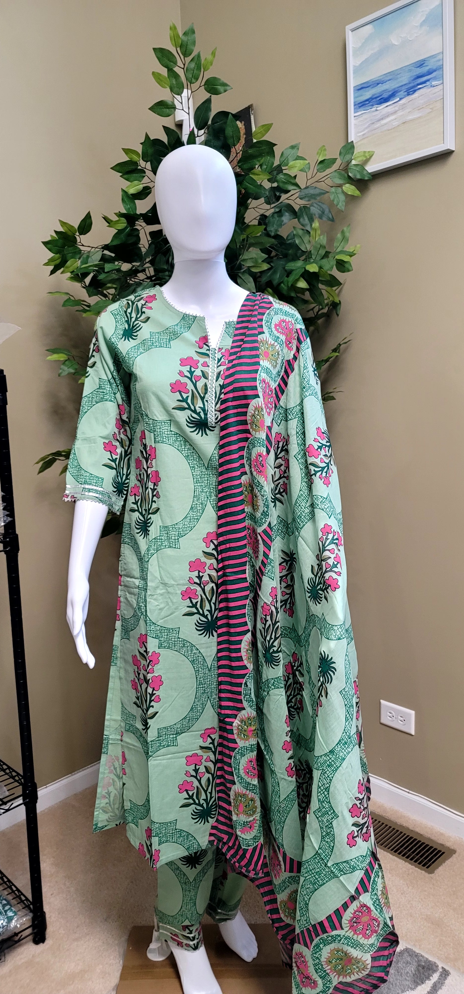 Cotton Straight Cut set - Green floral dress - front