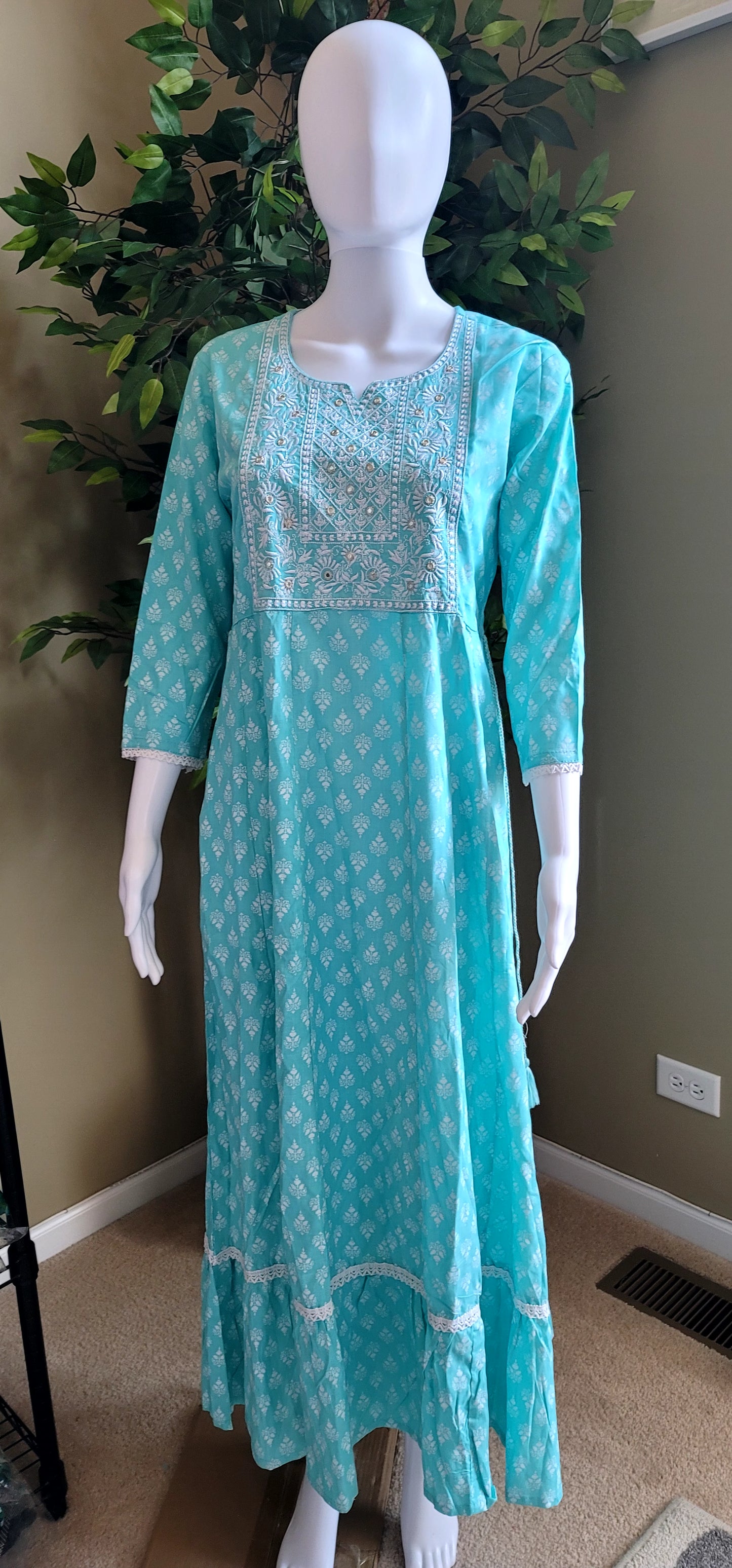 Rayon Long kurti in turquoise blue - front