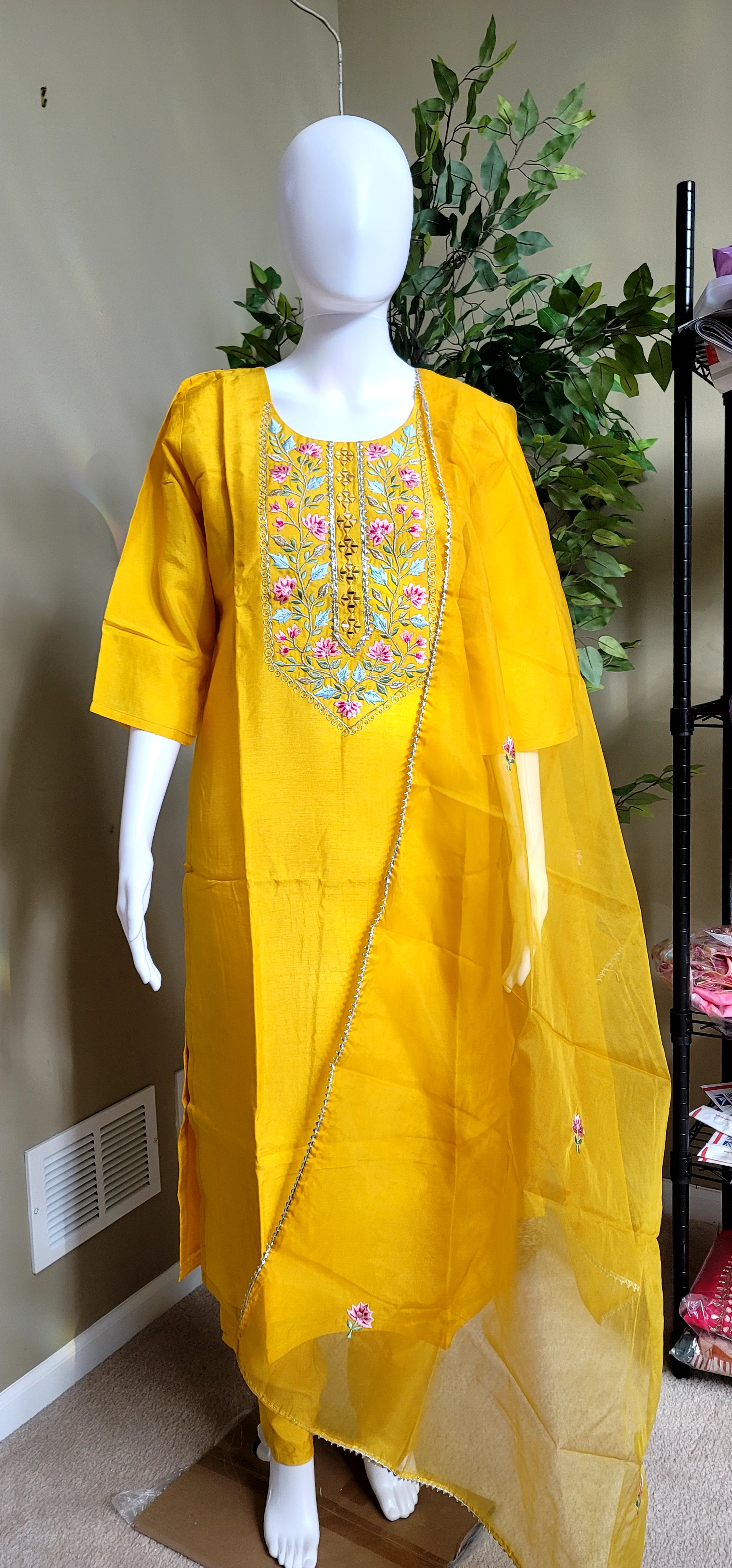 Mango yellow hadwork Dolasilk Kurti Set party wear - front