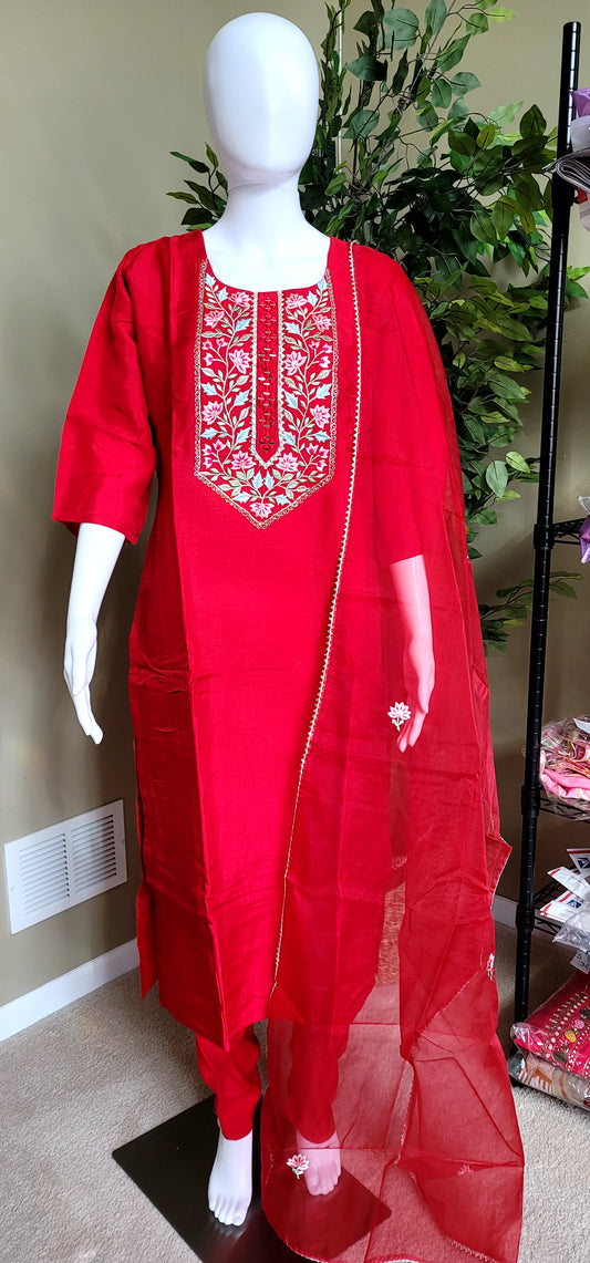 red real mirror threadwork Dolasilk Kurti Set party wear - front