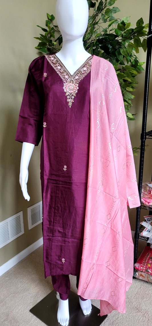 wine red Dolasilk Kurti Set party wear - front