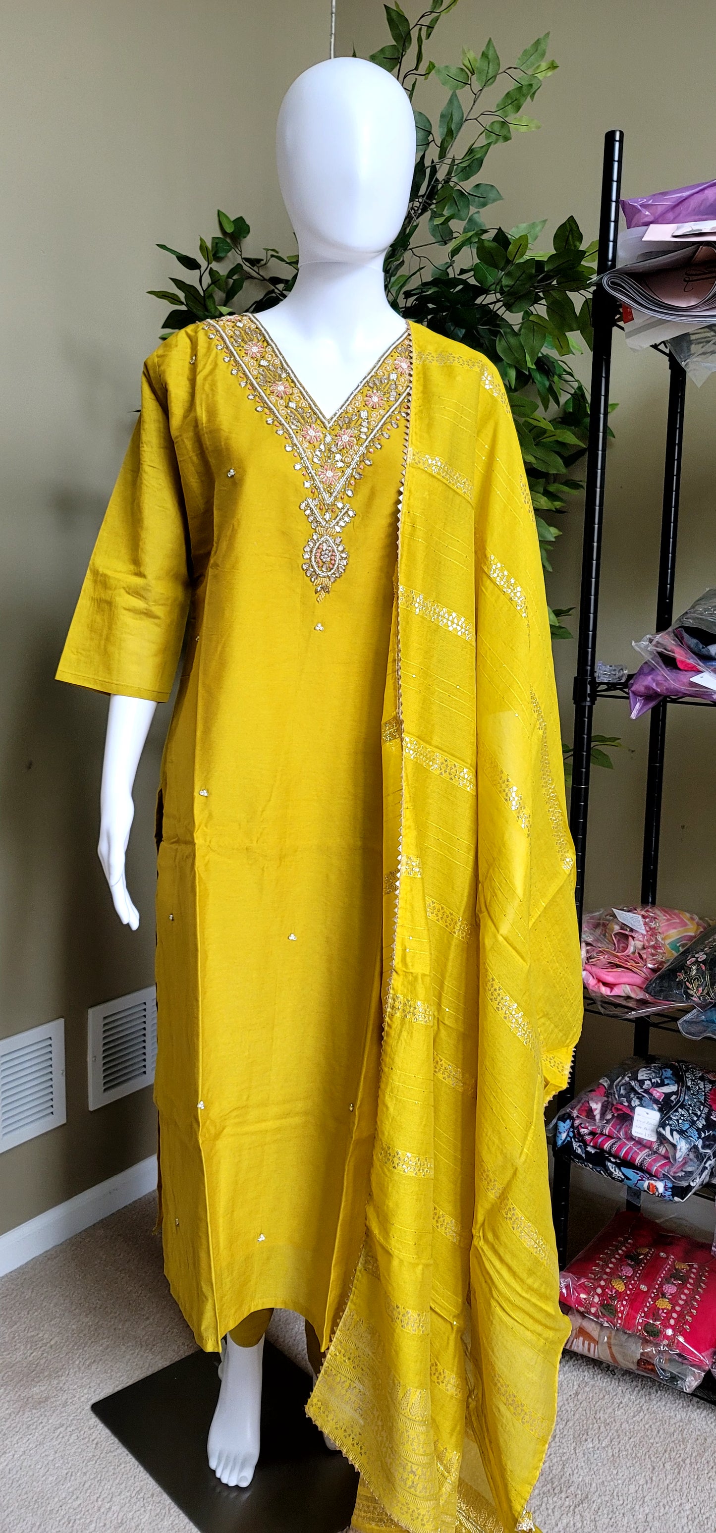 Mango yellow Dolasilk Kurti Set - front