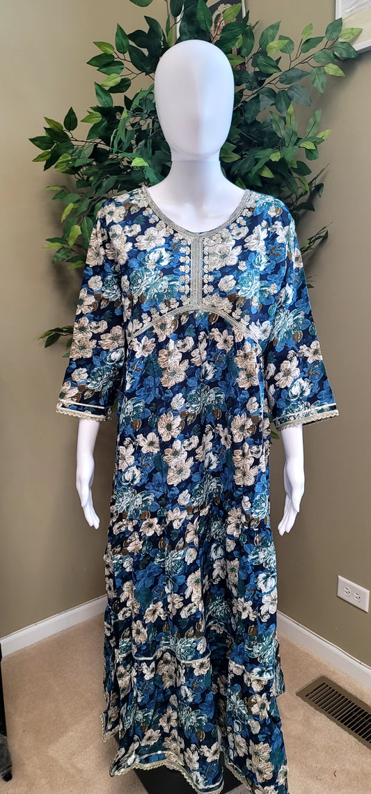 Rayon Cotton floral frock Blue  front - Bhargavi Collections USA