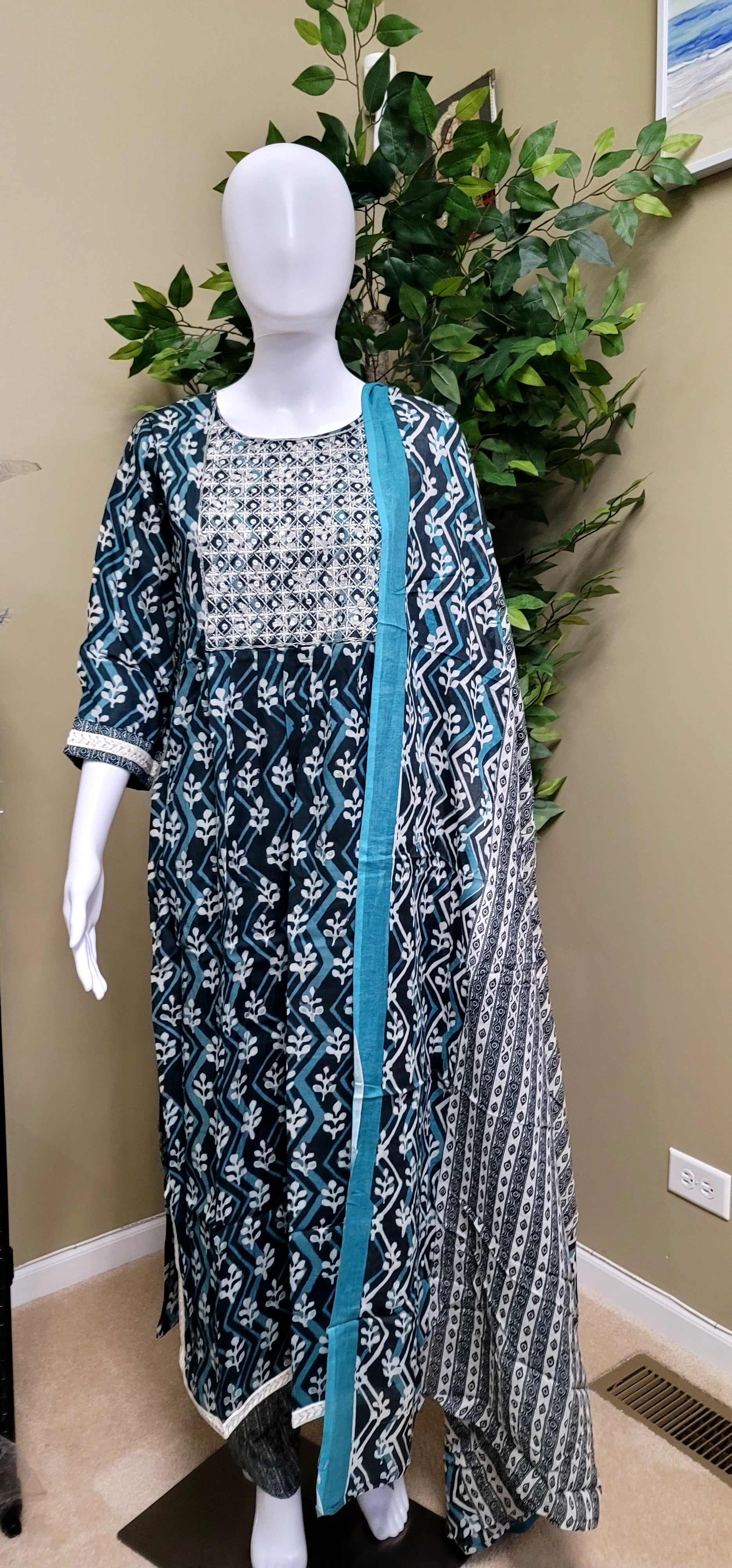 Premium Rayon Cotton 3 piece set in blue with beautiful embroidery - front