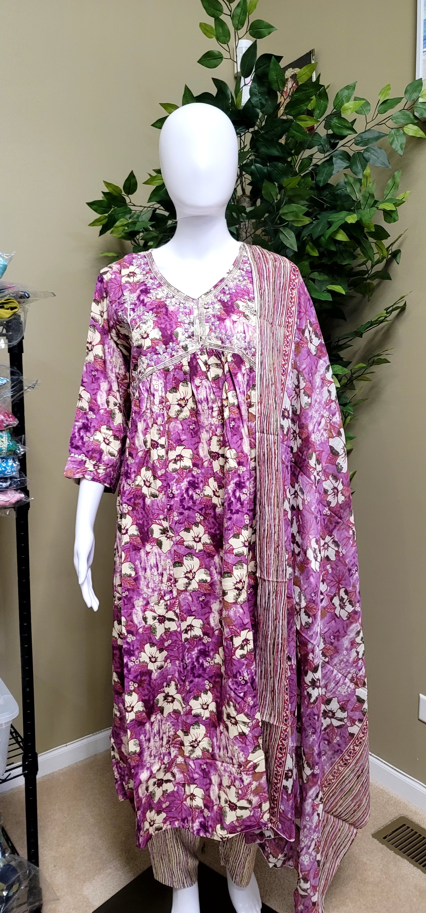 Premium Rayon Cotton Aliacut 3 piece set purple floral - front