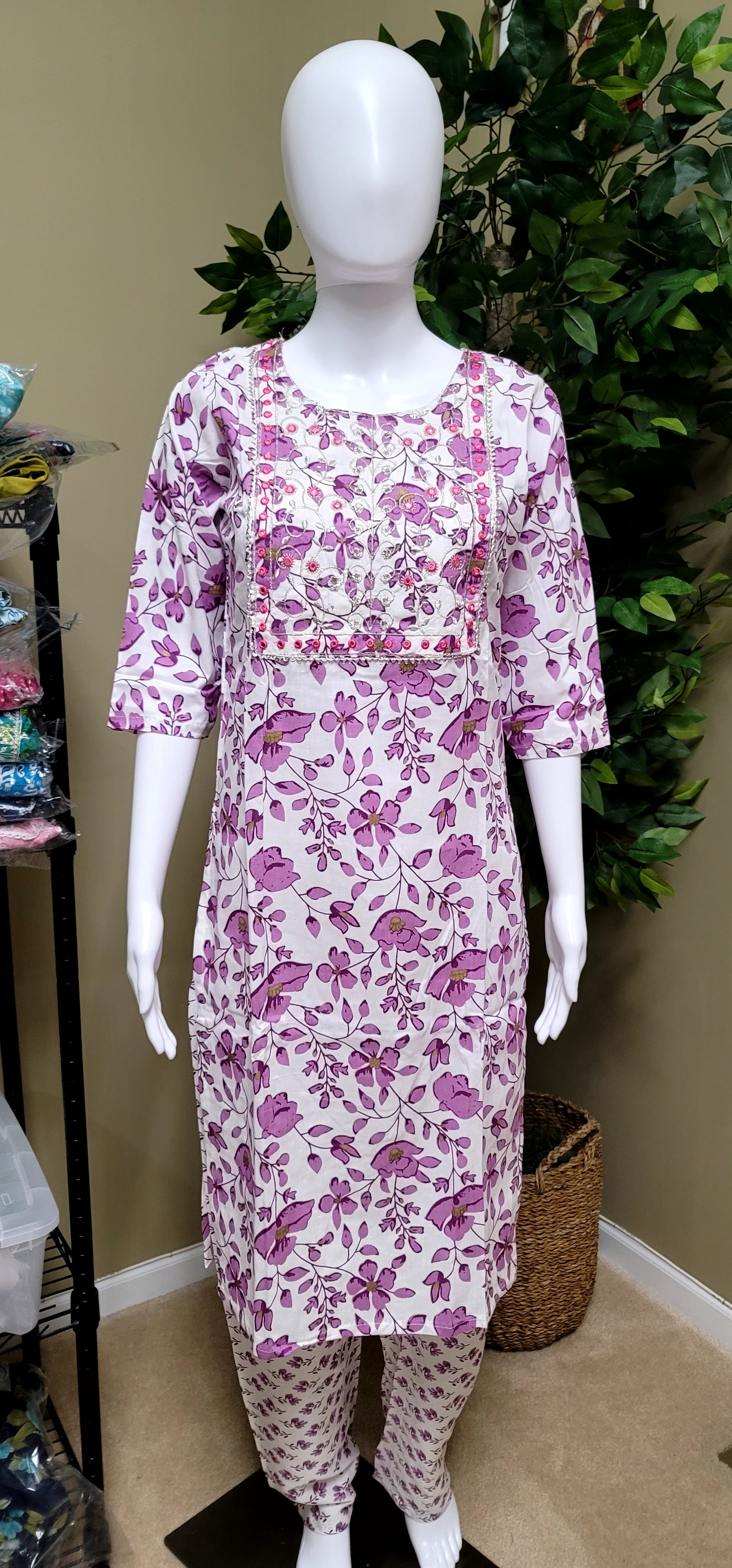 Cotton Kurti Dress - White and Purple - front