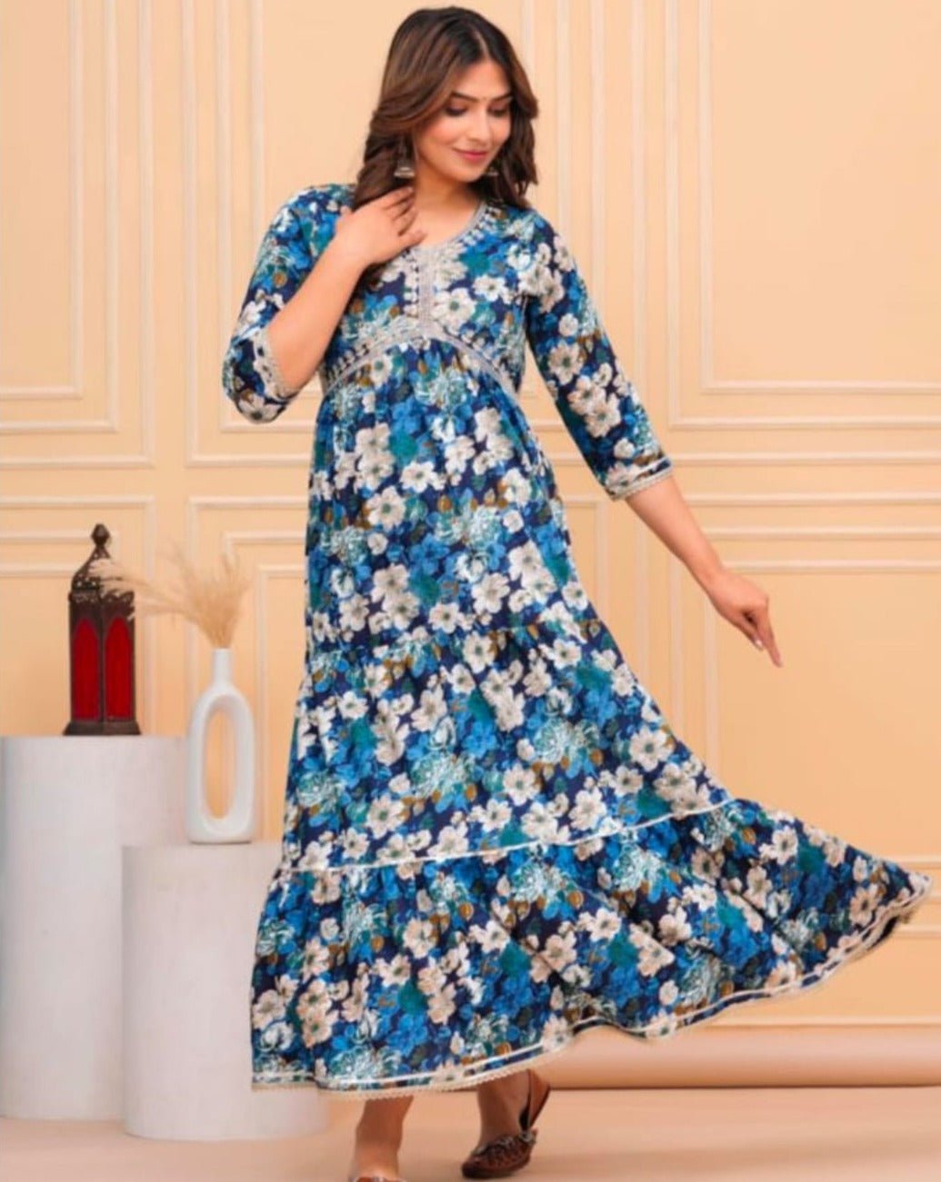 Rayon Cotton floral frock Blue  model - Bhargavi Collections USA