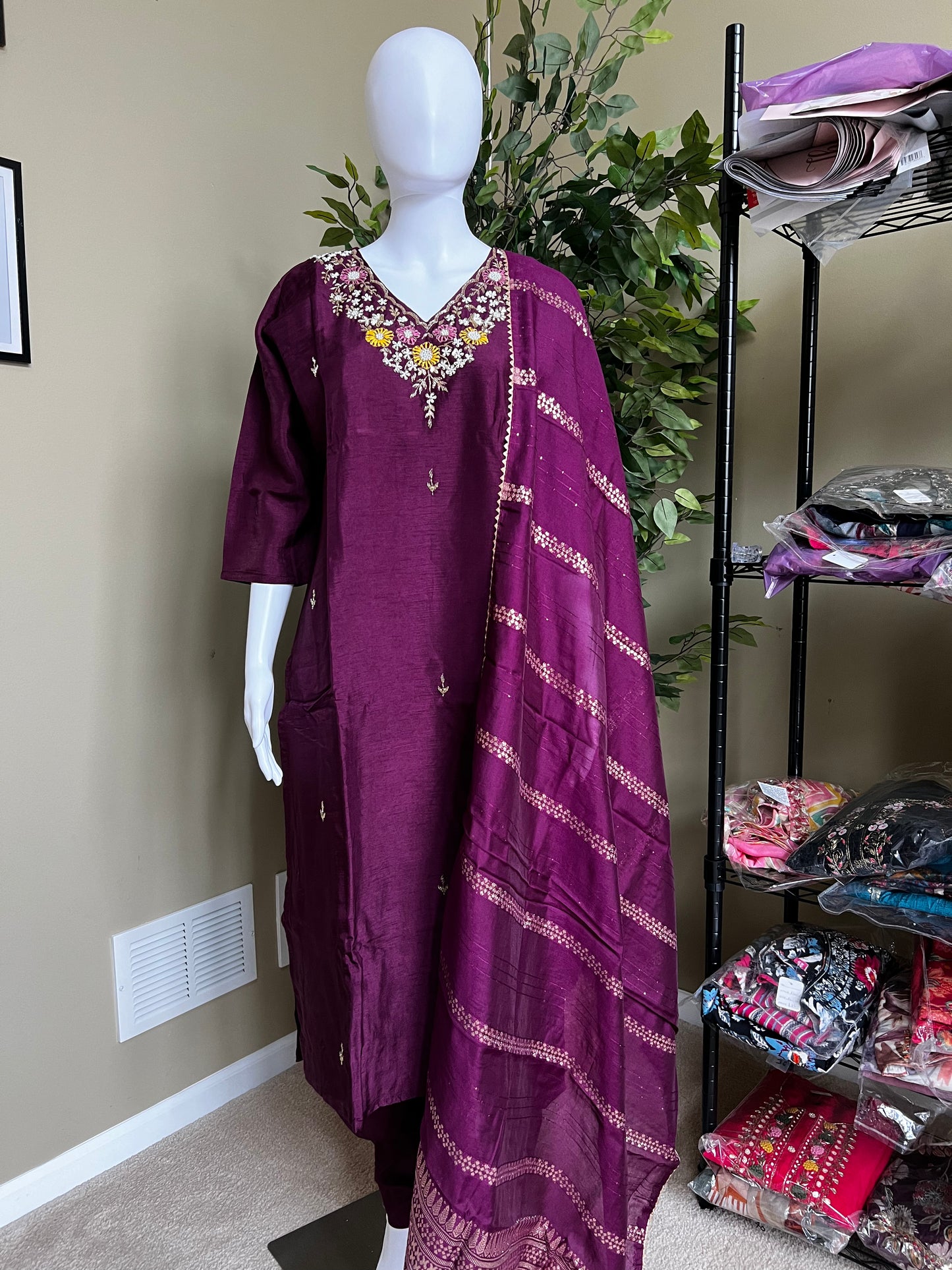 wine red Dolasilk Kurti Set with fancy dupatta