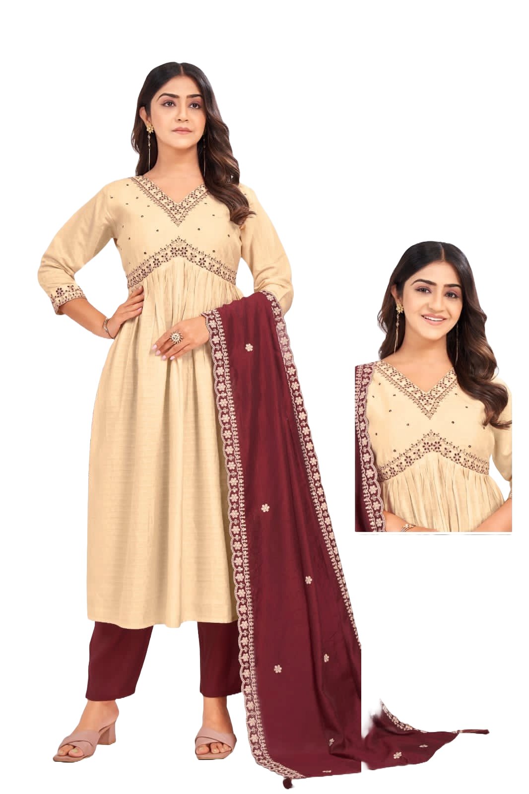 Platinum Silk Jacquard Top with beautiful embroidery - cream color dress with maroon dupatta-Bhargavi Collections USA