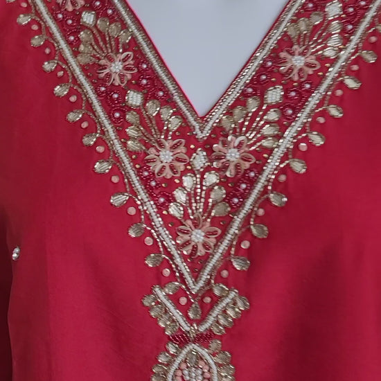 Red Dolasilk Kurti Set party wear with fancy dupatta - video 